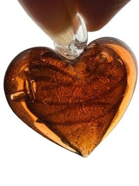 Handmade Murano Style Honey Amber Art Glass Heart Pendant Gold Aventurine Boho